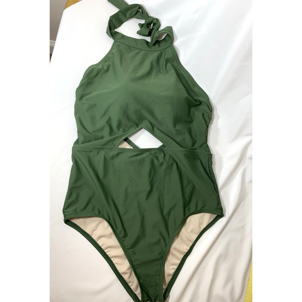 Kona Sol Swimsuitā Womens XL Green Tank Halter Hi Cut Leg Soft Cup Bra One Piece